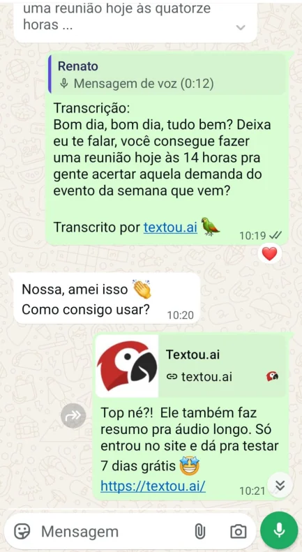 Conversa no WhatsApp com transcrição da textou.ai