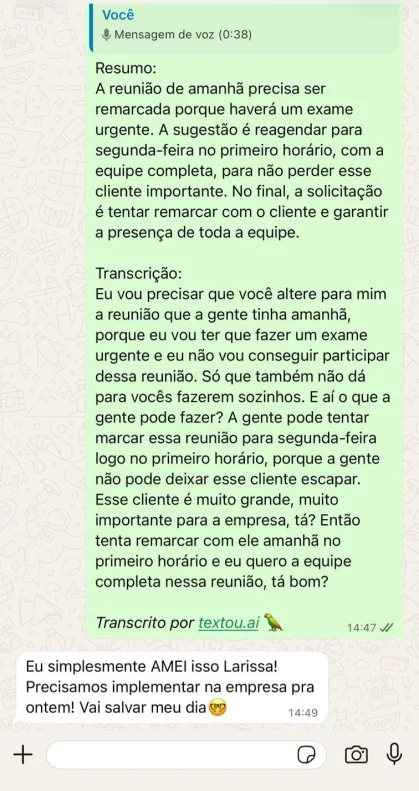 Conversa no WhatsApp com transcrição da textou.ai